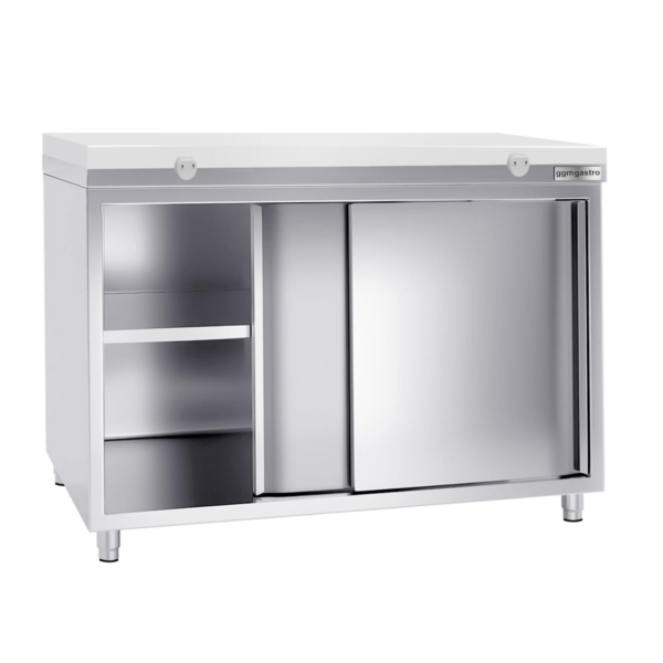 Armoire de travail en inox PREMIUM - 1200x800mm - avec porte coulissante sans rebord y compris plaque de découpe