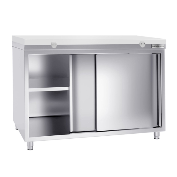 Armoire de travail en inox PREMIUM - 1400x800mm - avec porte coulissante sans rebord y compris plaque de découpe