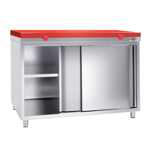 Armoire de travail en inox PREMIUM - 1400x800mm - avec porte coulissante sans rebord y compris plaque de découpe