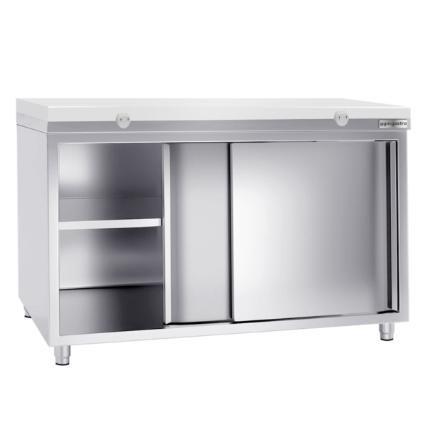 Armoire de travail en inox PREMIUM - 1600x800mm - avec porte coulissante sans rebord y compris plaque de découpe