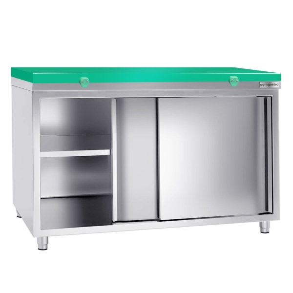 Armoire de travail en inox PREMIUM - 1600x800mm - avec porte coulissante sans rebord y compris plaque de découpe