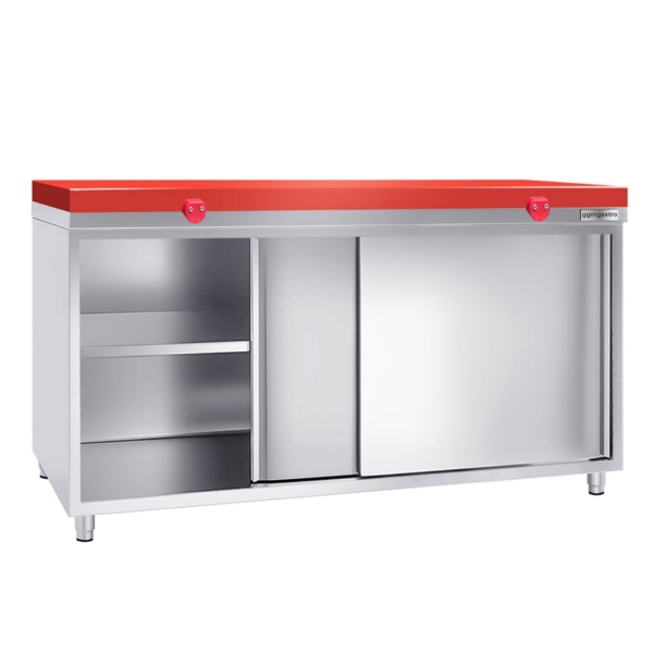 Armoire de travail en inox PREMIUM - 1600x700mm - avec porte coulissante sans rebord y compris plaque de découpe