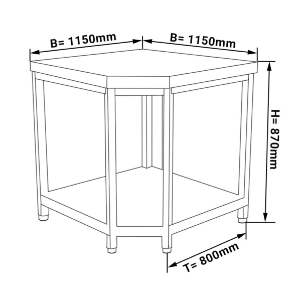 Table de travail d'angle en inox PREMIUM - 1150x800mm - avec fond sans rebord