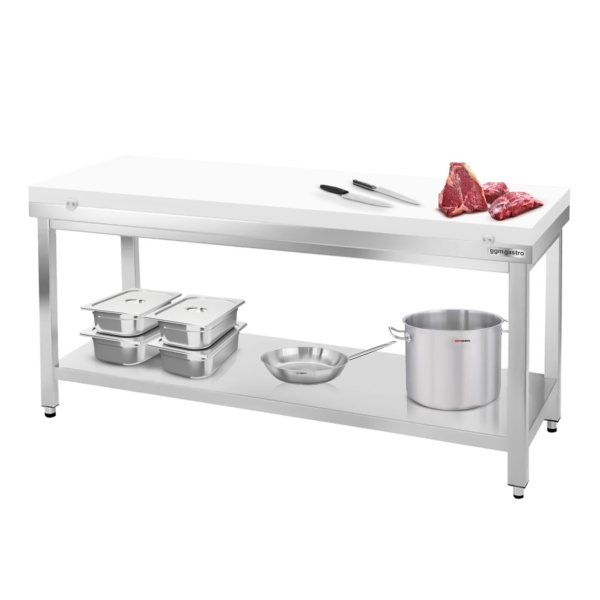 Table de travail en inox PREMIUM - 1500x600mm - avec fond de base sans rebord y compris plaque de découpe