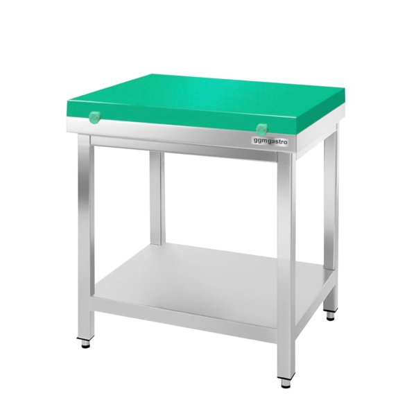 Table de travail en inox PREMIUM - 600x600mm - avec fond de base sans rebord y compris plaque de découpe