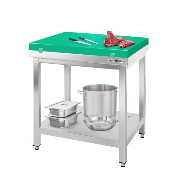 Table de travail en inox PREMIUM - 600x600mm - avec fond de base sans rebord y compris plaque de découpe