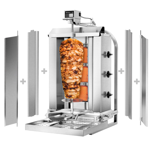 Grill gyros/döner à gaz - Mobile - 3 brûleurs - max. 40 kg - incl. tôle de protection & Portes battantes