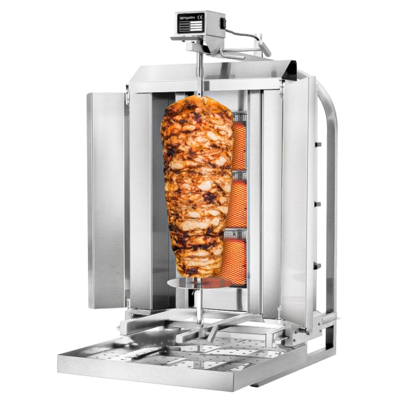 Grill gyros/döner à gaz - Mobile - 3 brûleurs - max. 40 kg - incl. tôle de protection & Portes battantes