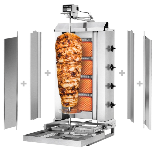 Grill gyros/döner à gaz - Mobile - 4 brûleurs - max. 60 kg - incl. tôle de protection & Portes battantes