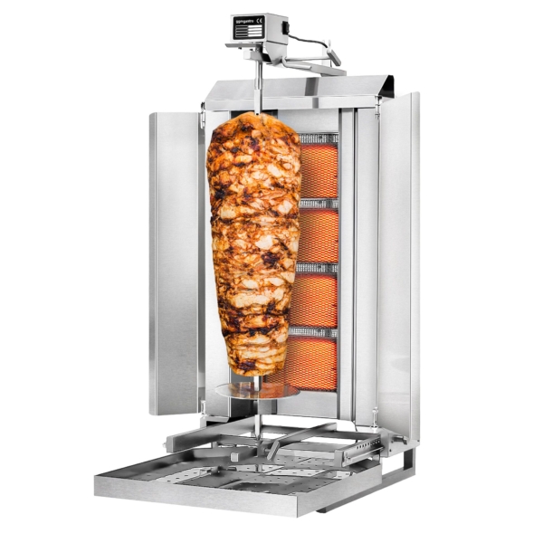 Grill gyros/döner à gaz - Mobile - 4 brûleurs - max. 60 kg - incl. tôle de protection & Portes battantes