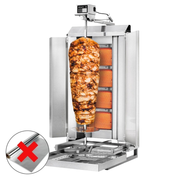 Grill gyros/döner à gaz - Mobile - 4 brûleurs - max. 60 kg - incl. tôle de protection & Portes battantes