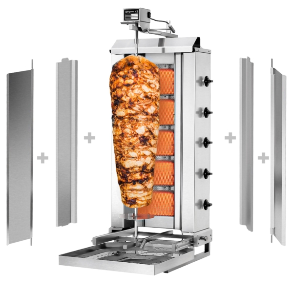 Grill gyros/döner à gaz - Mobile - 5 brûleurs - max. 80 kg - incl. tôle de protection & Portes battantes