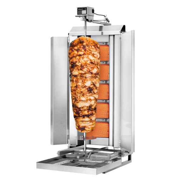 Grill gyros/döner à gaz - Mobile - 5 brûleurs - max. 80 kg - incl. tôle de protection & Portes battantes