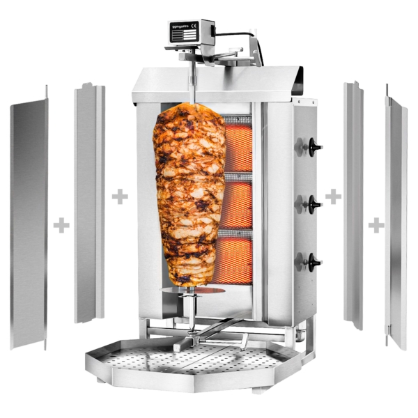 Grill gyros/döner à gaz - 3 brûleurs - max. 40 kg - incl. tôle de protection & Portes battantes