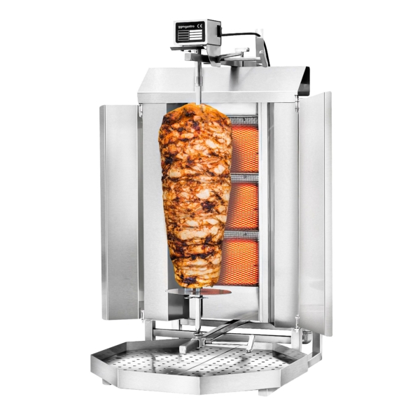 Grill gyros/döner à gaz - 3 brûleurs - max. 40 kg - incl. tôle de protection & Portes battantes