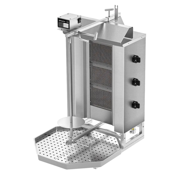 Grill gyros/döner à gaz - 3 brûleurs - max. 40 kg - incl. tôle de protection & Portes battantes