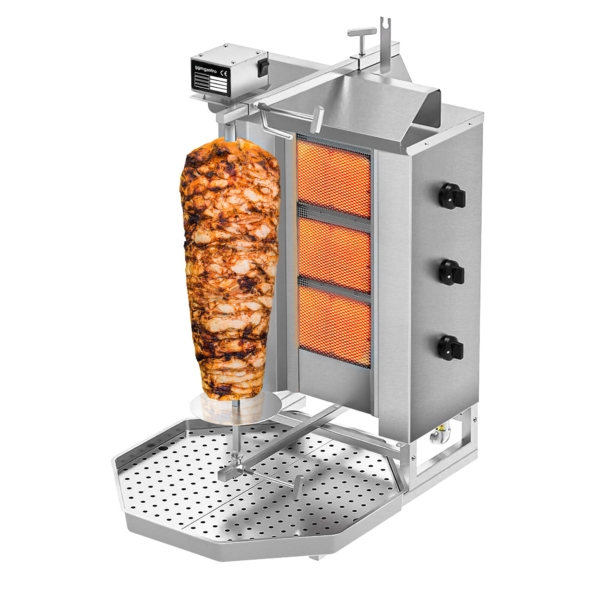 Grill gyros/döner à gaz - 3 brûleurs - max. 40 kg - incl. tôle de protection & Portes battantes