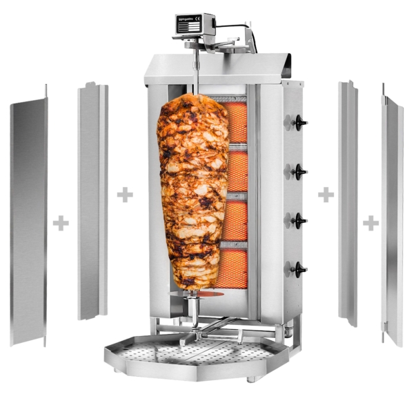 Grill gyros/döner à gaz - 4 brûleurs - max. 60 kg - incl. tôle de protection & Portes battantes