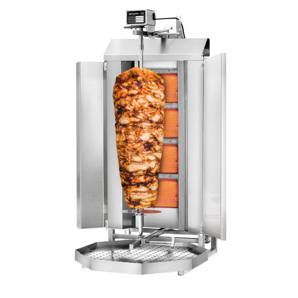 Grill gyros/döner à gaz - 4 brûleurs - max. 60 kg - incl. tôle de protection & Portes battantes