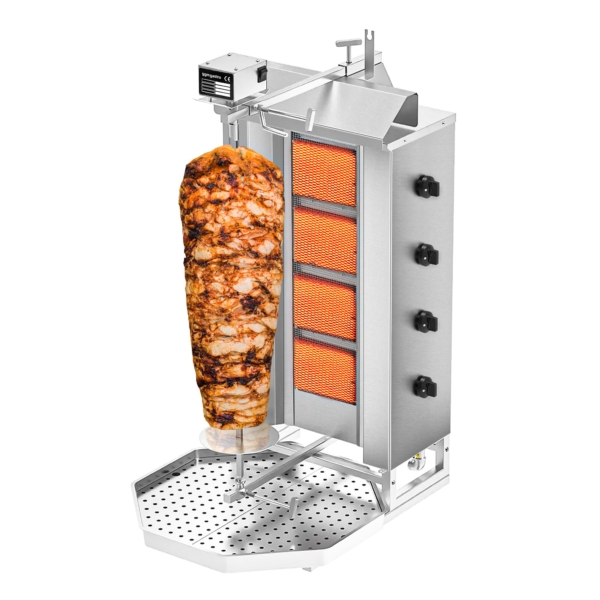 Grill gyros/döner à gaz - 4 brûleurs - max. 60 kg - incl. tôle de protection & Portes battantes