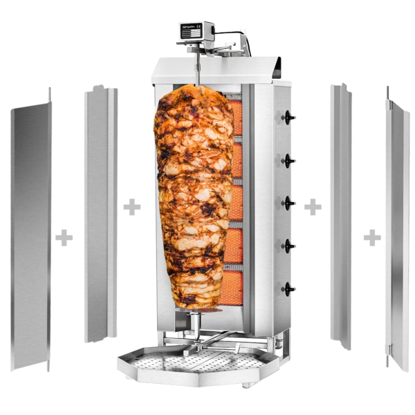 Grill à gaz pour gyros/kebab - 5 brûleurs - capacité max. 80 kg - avec 2 pare-chocs et 2 portes battantes