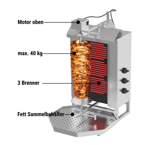 Grill électrique pour gyros/döner - 3 brûleurs - max. 40 kg - portes battantes incluses