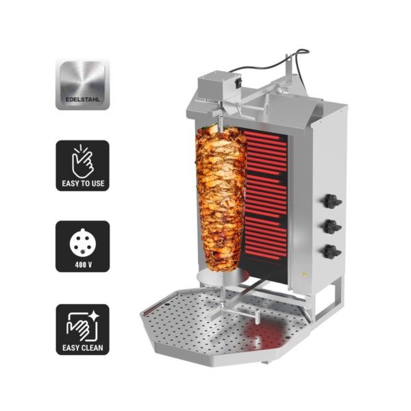 Grill électrique pour gyros/döner - 3 brûleurs - max. 40 kg - portes battantes incluses