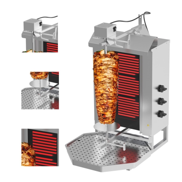 Grill électrique pour gyros/döner - 3 brûleurs - max. 40 kg - portes battantes incluses