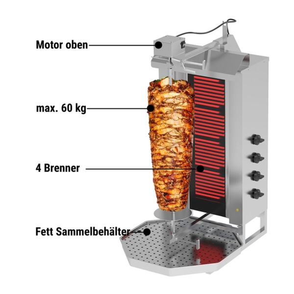 Grill électrique pour gyros/döner - 4 brûleurs - max. 60 kg - portes battantes incluses