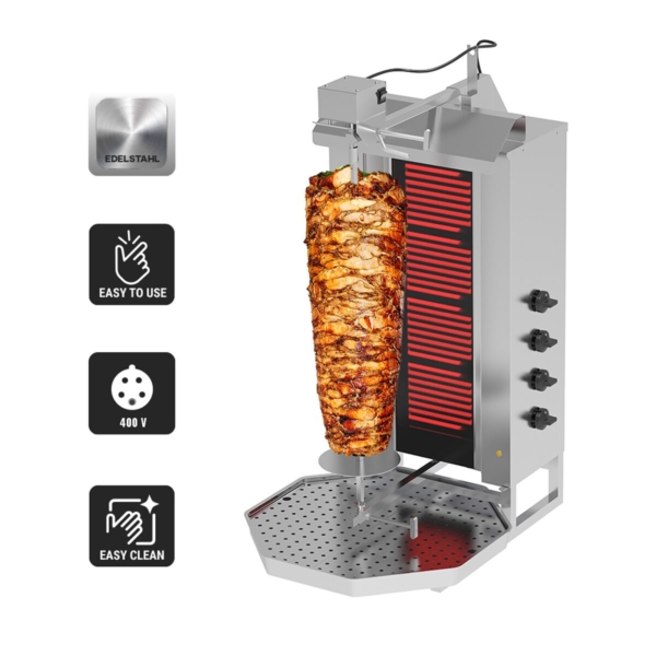 Grill électrique pour gyros/döner - 4 brûleurs - max. 60 kg - portes battantes incluses