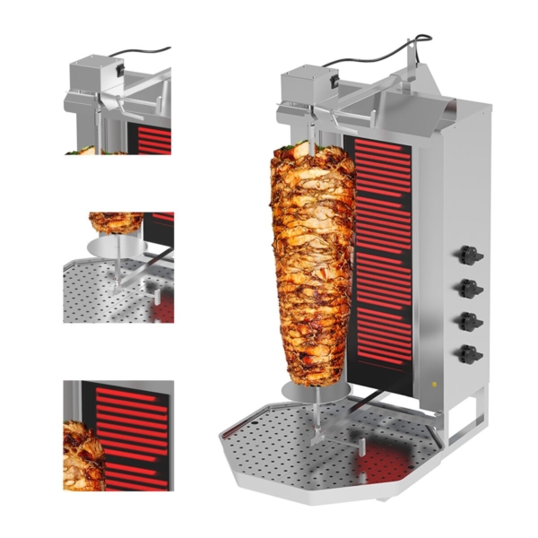 Grill électrique pour gyros/döner - 4 brûleurs - max. 60 kg - portes battantes incluses