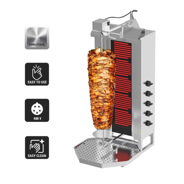 Grill électrique pour gyros/döner - 5 brûleurs - max. 80 kg - portes battantes incluses