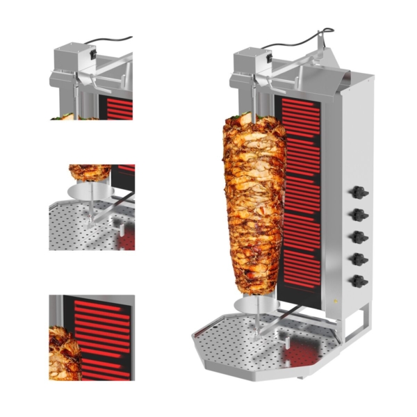 Grill électrique pour gyros/döner - 5 brûleurs - max. 80 kg - portes battantes incluses