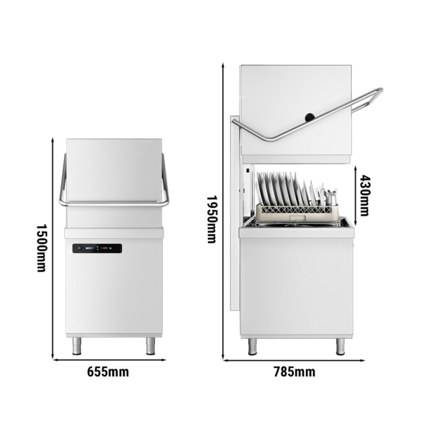 Machine à laver à passage - Numérique - 7,1 kW - incluant table d’entrée à gauche, table de sortie à droite et détartrant - avec pompe à détergent, pompe à rinçage et pompe à produit de lavage