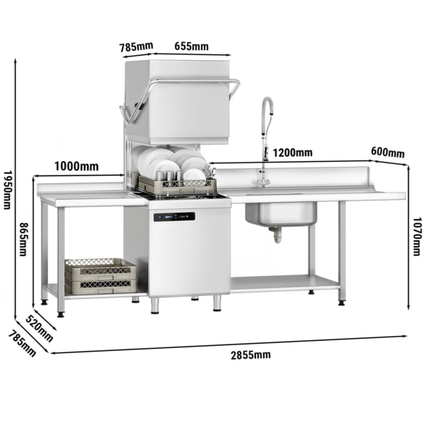 Machine à laver à passage - Numérique - 7,1 kW - incluant table d’entrée à droite, table de sortie à gauche et détartrant - avec pompe à détergent, pompe à rinçage et pompe à produit de lavage