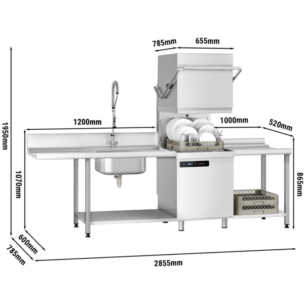 Machine à laver à passage - Numérique - 7,1 kW - incluant table d’entrée à gauche, table de sortie à droite et détartrant - avec pompe à détergent, pompe à rinçage et pompe à produit de lavage