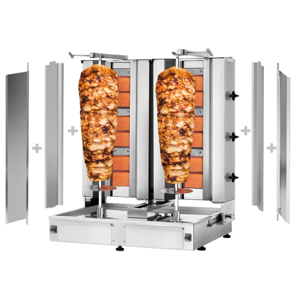 Grill gyros/döner à gaz - 3+3 brûleurs - max. 80 kg - incl. tôle de protection & Portes battantes