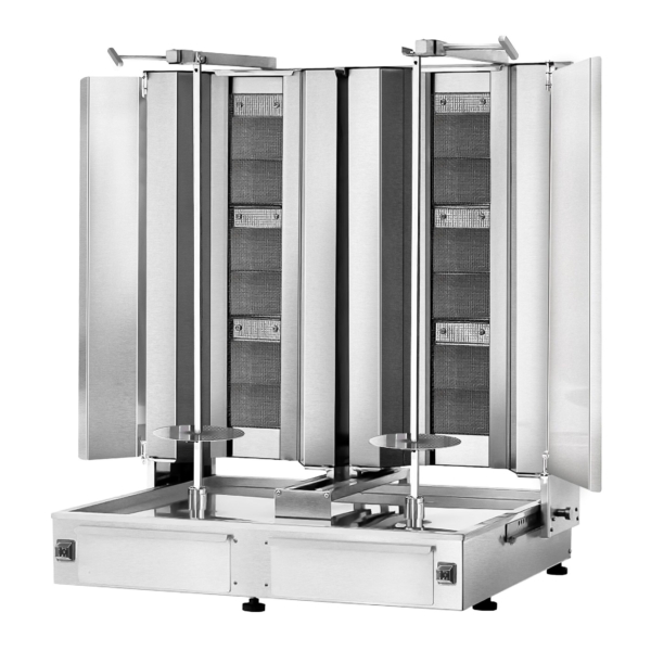 Grill gyros/döner à gaz - 3+3 brûleurs - max. 80 kg - incl. tôle de protection & Portes battantes