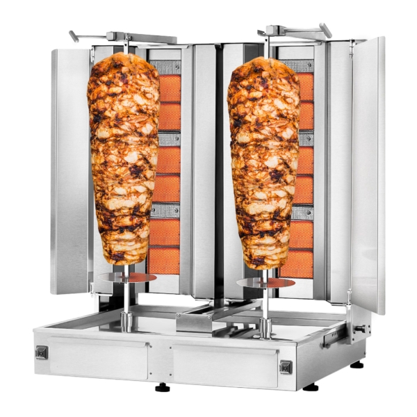 Grill gyros/döner à gaz - 3+3 brûleurs - max. 80 kg - incl. tôle de protection & Portes battantes