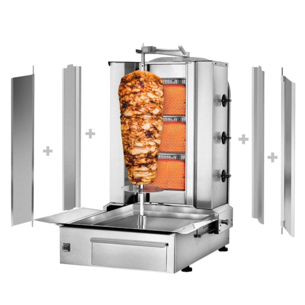 Grill gyros/döner à gaz - 3 brûleurs - max. 40 kg - incl. tôle de protection & Portes battantes