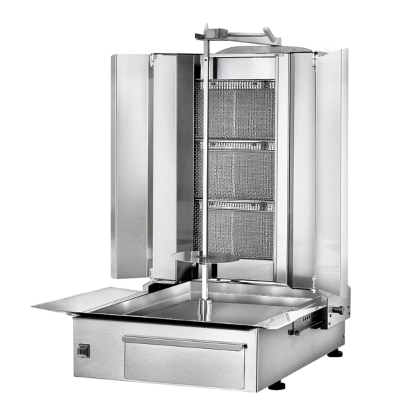 Grill gyros/döner à gaz - 3 brûleurs - max. 40 kg - incl. tôle de protection & Portes battantes