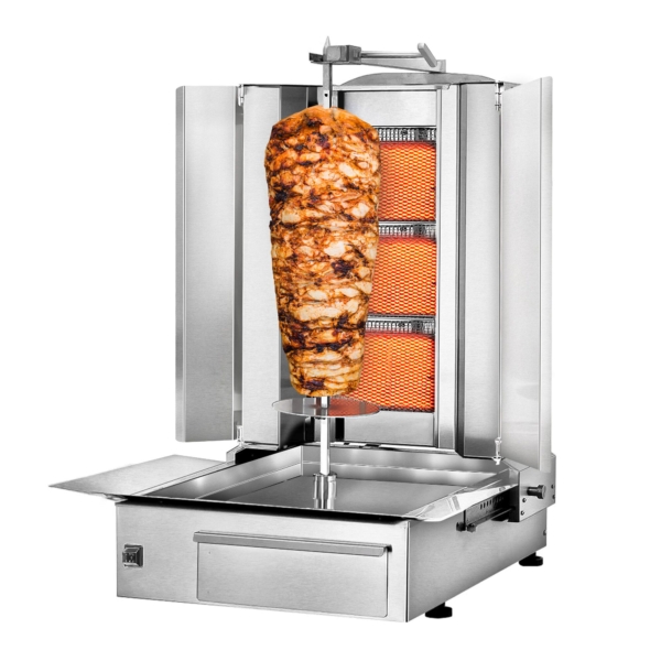 Grill gyros/döner à gaz - 3 brûleurs - max. 40 kg - incl. tôle de protection & Portes battantes