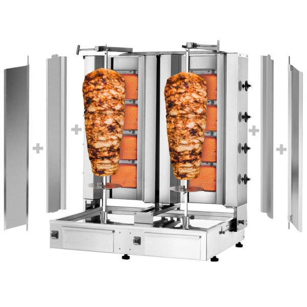 Gril à gyros / döner à gaz - 4+4 brûleurs - capacité maximale : 120 kg - inclut 2 protections latérales et 2 portes battantes