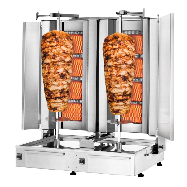 Gril à gyros / döner à gaz - 4+4 brûleurs - capacité maximale : 120 kg - inclut 2 protections latérales et 2 portes battantes