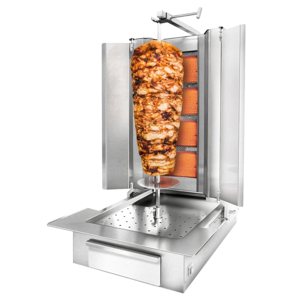 Grill gyros/döner à gaz - 4 brûleurs - max. 60 kg - incl. tôle de protection & Portes battantes