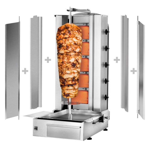 Grill gyros/döner à gaz - 5 brûleurs - max. 80 kg - incl. tôle de protection & Portes battantes