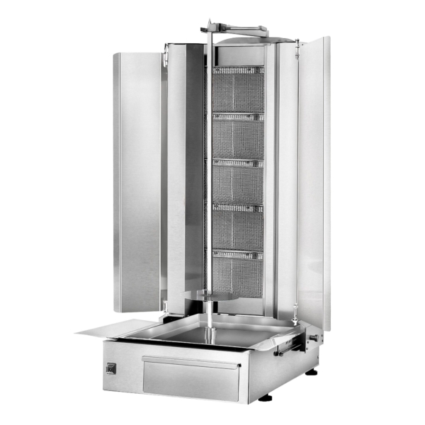 Grill gyros/döner à gaz - 5 brûleurs - max. 80 kg - incl. tôle de protection & Portes battantes