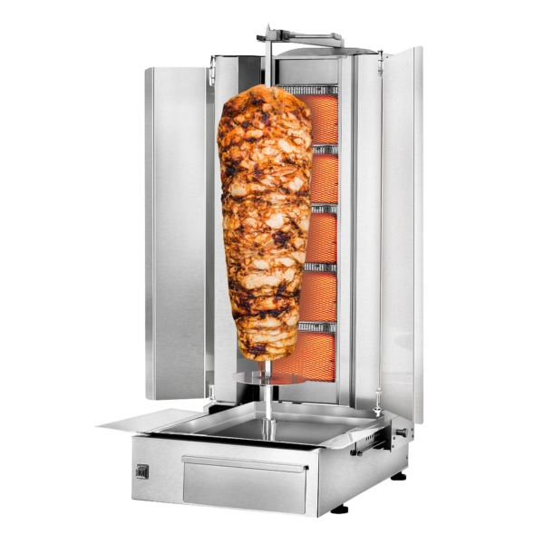 Grill gyros/döner à gaz - 5 brûleurs - max. 80 kg - incl. tôle de protection & Portes battantes