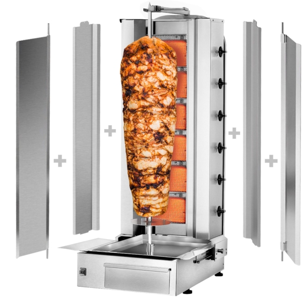 Grill gyros/döner à gaz - 6 brûleurs - max. 100 kg - incl. tôle de protection & Portes battantes