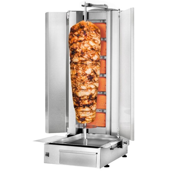 Grill gyros/döner à gaz - 6 brûleurs - max. 100 kg - incl. tôle de protection & Portes battantes